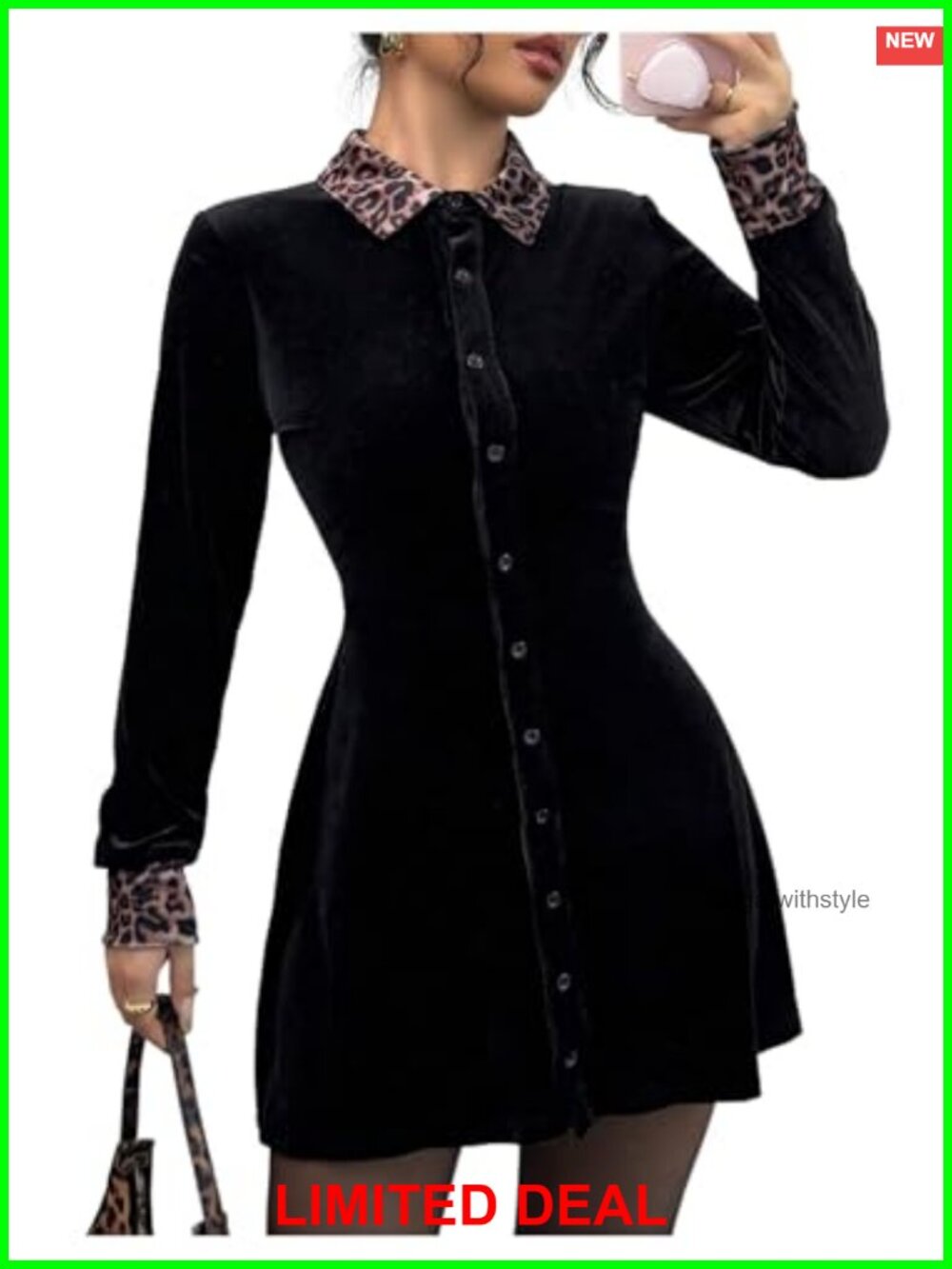 Velvet Leopard Print Long Sleeve Button Down A Line Mini Dress